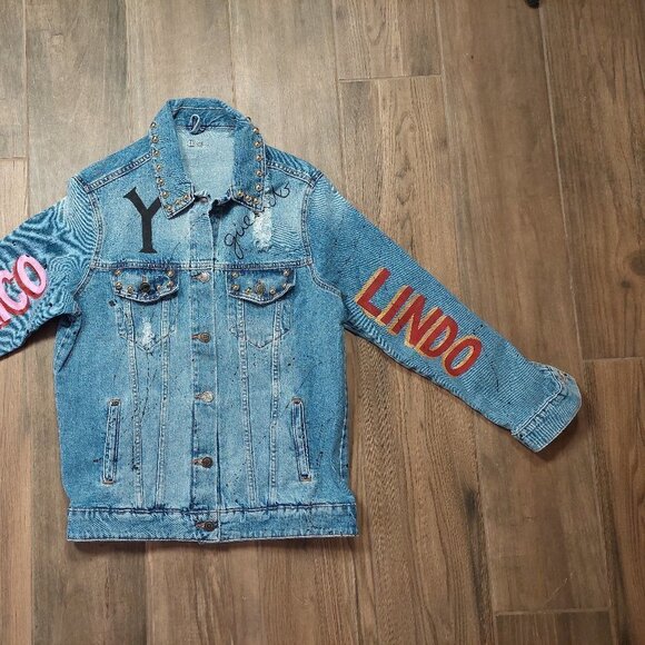 Denim Jean Jacket Mexico Lindo Y Querido Hand Painted Distressed Studs $229 - Picture 4 of 12
